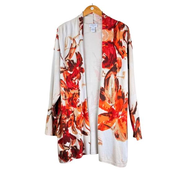 Carmen Marc Valvo 3X Plus Orange Red Beige Floral Knit Open Cardigan Sweater - Picture 4 of 11